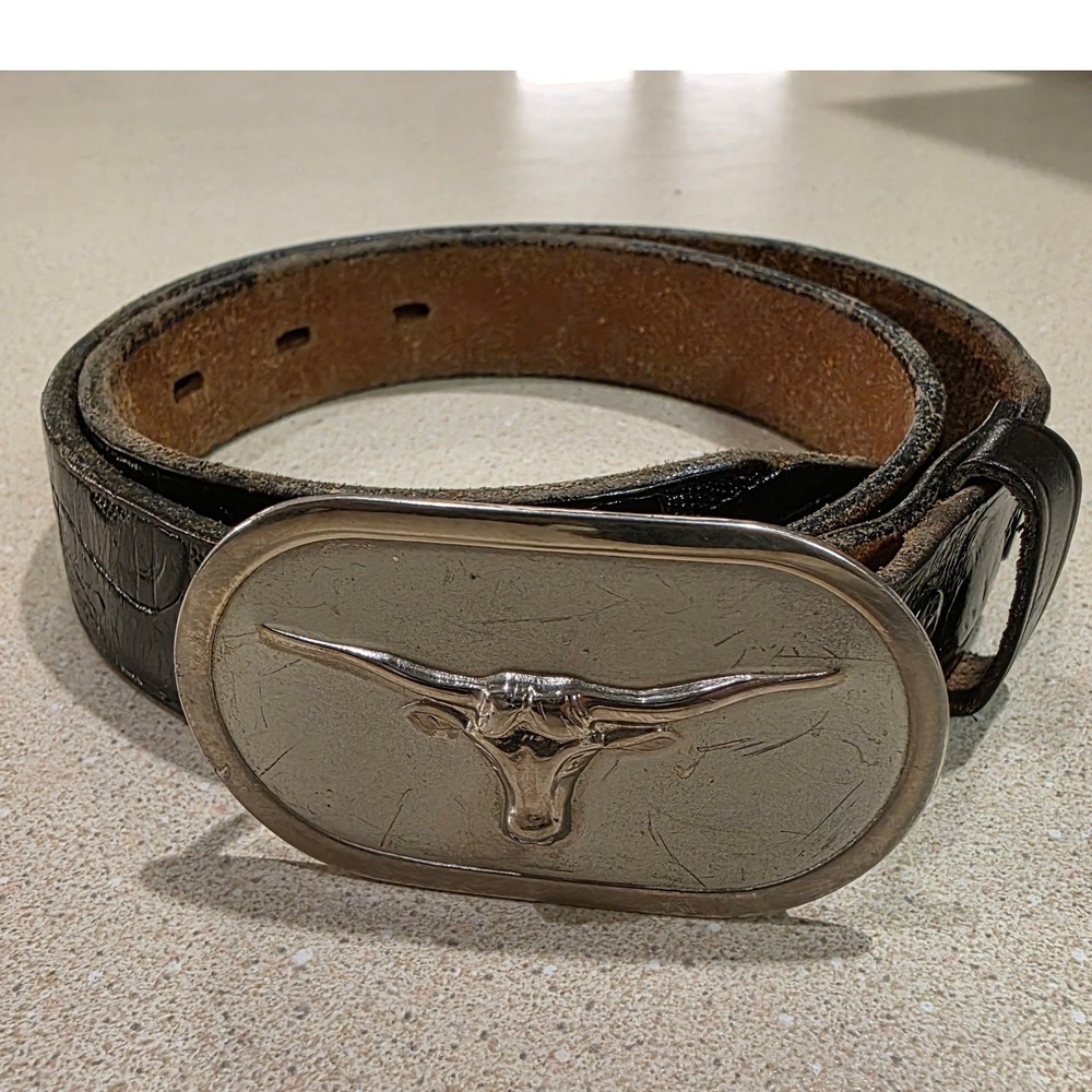 Vintage Burton Longhorn Bull Buckle Belt Kids 24" Black Leather Western, GUC